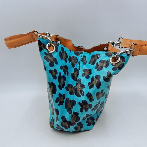 Maurizio Taiuti Italy Blue Leopard Print Pebbled Leather Purse Top Handle Bag - Picture 3 of 12